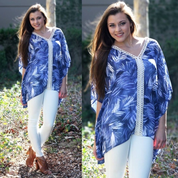 Tops - Sheer Blue Palm Leaf Print Poncho Blouse